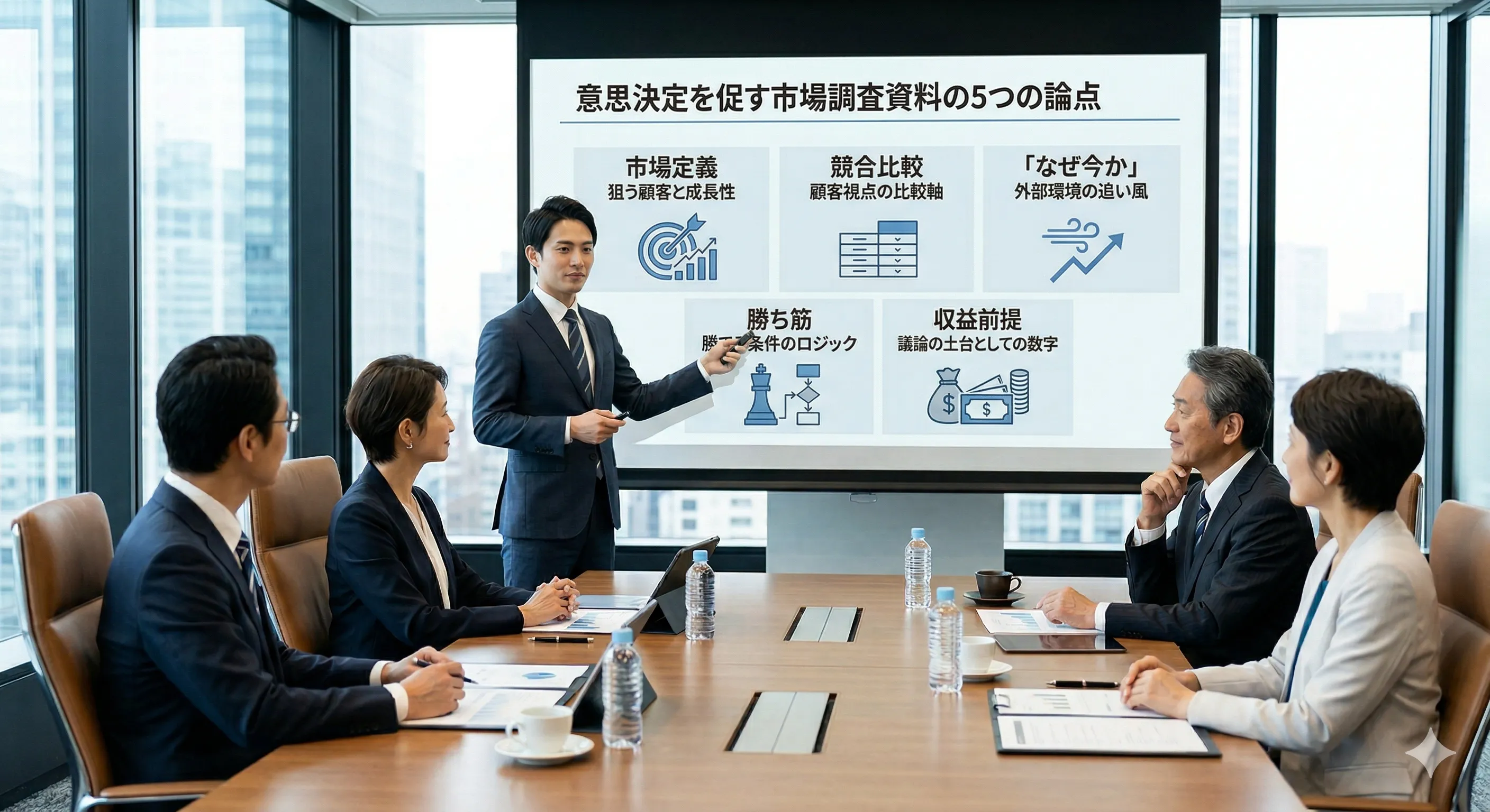 役員会で市場調査資料をプレゼンするビジネスパーソン